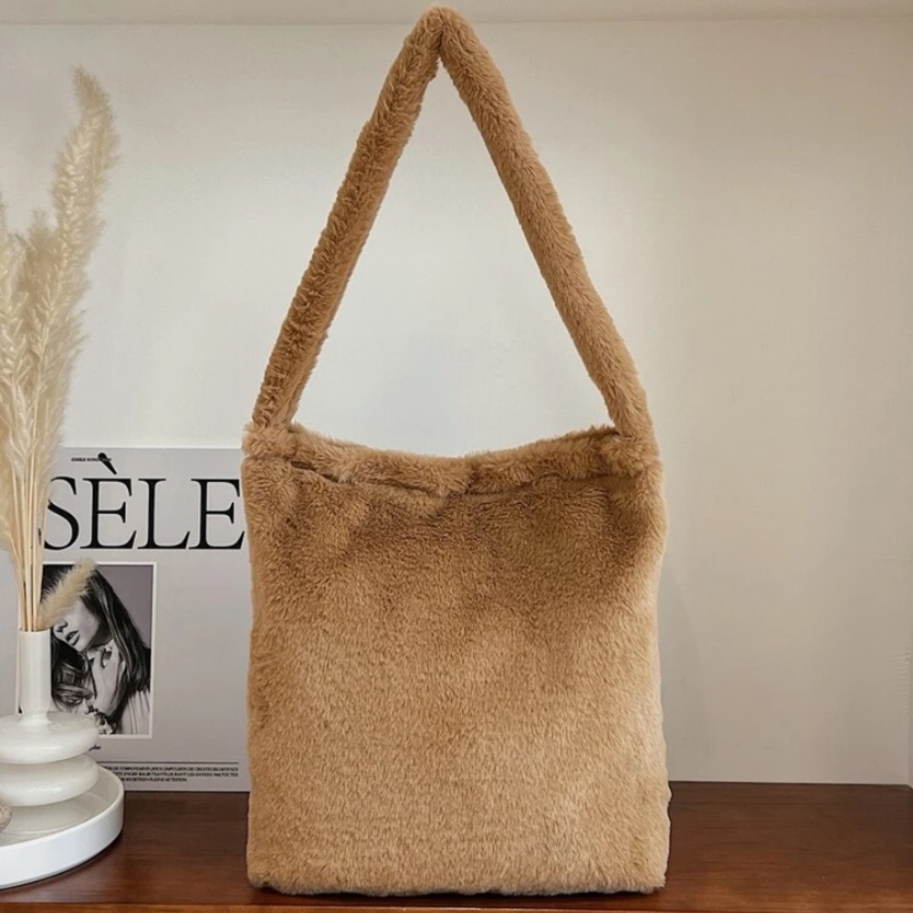 Tan Fuzzy Tote Shoulder Bag